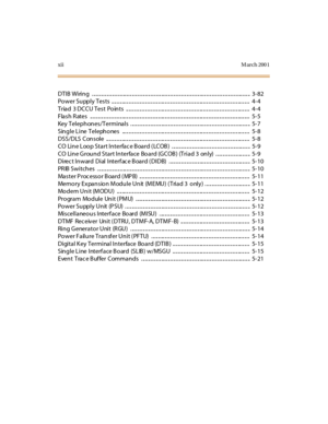 Page 15xiiM arch 200 1
DTI B Wi ri n g . .. .. .. .. .. .. .. .. .. .. .. ... .. .. .. .. .. .. .. .. .. .. .. .. .. ... .. .. .. .. .. .. .. .. .. .. .. .. .. ... .. .. .. .. .. .. .. .. .. .. .. .. .. ... .. .... 3-82
Po w er Su pp l y Tes ts .. .. .. .. ... .. .. .. .. .. .. .. .. .. .. .. .. .. ... .. .. .. .. .. .. .. .. .. .. .. .. .. ... .. .. .. .. .. .. .. .. .. .. .. .. .. ... .. .. .. 4- 4
Tria d 3 DCCU Tes t Po in ts .. .. .. .. .. .. .. .. .. .. .. .. .. ... .. .. .. .. .. .. .. .. .. .. .. .. .....