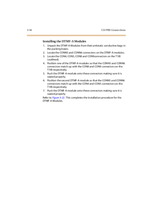 Page 1593-56 CO/ PBX Conne ctions
In sta l li ng t he DT MF- A Modu les
1. Unpack the DTMF-A Modules from their antistatic conductive bags in
the p ac ki ng b oxe s.
2 . Locat e t he CO NN5 and CO NN6 conne ctor s on t he DTMF -A modul e s.
3. Locate the CON4, CON5, CON8 and CON9connectors on the T1IB
(outlined).
4. Pos ition one of the DT MF-A m odule s so that the CON N5 and CON N6
connectors match up with the CON8 and CON9 connectors on th e
T1IB respectively.
5. Pus h the DT MF -A mod ule onto thes e conn...