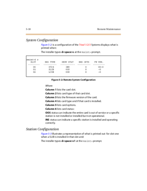 Page 2215- 18 Re mo te M ai nte nance
Sys te m Co nf igu ration
Figure 5- 2:is a conf iguration of theTriad 1/2/3Syst e ms d is pla ys what i s
printed whe n:
The i nst al le r typ esdsat th emaint>pr omp t.
Fi g u r e 5- 2: R em ot e S yst em C o nf i gu r at i o n
Where:
Colu mn 1lists the card slot.
Colu mn 2l is ts car d t ype of t hat car d sl ot .
Colu mn 3l is ts t he fir mwa re ve rsi o n o f t he c ard.
Colu mn 4lists card type and if that card is installed.
Colu mn 5lists card options.
Colu mn 6l is ts...