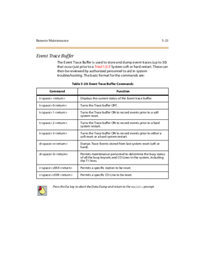 Page 224Remo t e Mai n tena nce 5 - 21
Event Tr ac e Buf fer
TheEventTraceBufferisusedtostoreanddumpeventtraces(upto30)
tha t occu r just prior to aTr ia d 1 /2 /3System soft or hard restart. These can
then be reviewed by authorized personnel to aid in system
troubles hooting. Th e b asic format f or the comma nds are:
Tabl e 5 -2 0: Event Tra ce Buf fer Co mm ands
Co m ma n d F u n ct i on
t  Displays the current status of the Event tr ace buffer.
t 0 Tur ns th e Trace b uffer OFF.
t 1  Tur ns th e Trace b...