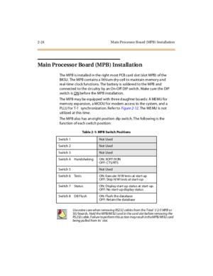 Page 452-24 M ain Pro cesso r B oa rd (MPB ) Inst al l atio n
Main Processo r Bo ard (MPB) Installatio n
The MPB is installed in the right most PCB card slot (slot MPB) of the
BKSU. The MPB contains a lithium dry-ce ll to ma intain m emory a nd
real-time clock functions. The battery is soldered to the MPB and
connected to the circuitry by an On-Off DIP switch. Make sure the DIP
swi tch is O N
be for e the MPB i nst al lat i on.
TheMPBmaybeequippedwiththreedaughterboards:AMEMUfor
mem ory exp ansi on, a MO DU f...