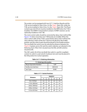 Page 612-40 CO/ PBX Conne ctions
The sy st em can b e e qui ppe d wi t h t wo (2 ) T -1 I nte rf ace Boar ds a nd t he
T1 IB c an b e i ns tal l ed in Sl o ts 0 t hru 2 in theTr iad 1Basic KSU, while the
T1 IB c an b e i ns tal l ed in Sl o ts 0 t hru 5 in theTr iad 2Basic KSU. The Pha se
Locke d Loop Uni t (PLLU) must be i nst al le d on the MPB whe n t he T1I B i s
ins ta lled . T he DTMF4- A board which contains 4 DTMF receive rs can be
optiona lly installed on the T 1IB.
The clock control cab le s hould be...