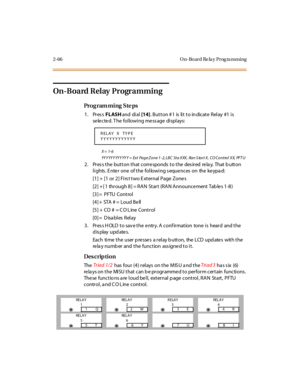 Page 1212-66 O n-Bo ard Re la y Prog ra mming
On-Board Relay  Programming
Pro g ram mi ng  S te ps
1. Press FLASH and  di al [14]. Button #1  is lit to indicate Relay  #1 is 
se le cte d. T he  fol lowi ng me ss age  di spl ays:
X = 1- 6
YYYYYYYYYYYY = Ext  Page Zone 1-2, LBC  Sta  XXX,  Ran S tart X,  CO Control  XX,  PFTU
2. Press the button that corresponds to the  desired  relay.  That button 
lights . E nter  one  of the  following s equences  on  the keypa d:
[1] +  [1 or 2] Firs t two E xternal Page  Zone...