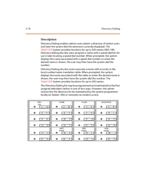 Page 1332-78 D irecto ry D ial ing
Des crip ti on
Directory D ia ling enables s tation us ers ob ta in  a directory  of s ta tion us ers 
and  have  t he  sys te m di al  t he  ext e nsi on c ur re ntl y d is pla yed . T he
Triad 1/2/3 S yst em  pr ovid es  loca ti ons  for  up t o 2 0 0  name s ( 00 0- 1 99 ). 
Di re ctor y d ial i ng al so  le ts  use rs  pr ogr am a  name  wi t h a s pe ed  dia l b in  for 
use  i n l ate r  lo ca ti ng  a sp ee d di al  num ber . W hen  pr ompt ed,  t he  syst e m 
displays...