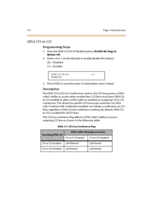 Page 1533- 6 Page  A I ntr o ducti o n
DIS A CO- to- CO
Pro g ram mi ng  S te ps
1. Press the DISA CO-TO-CO  flexible button ( FLASH 40, Pag e  A, 
Bu tton #4).
2. Enter a 0 or 1 on the dial pad to enable/disable this feature.
[0] =  Disab le d
[1] =  Ena ble d
3. Press HOLD to save the entry. A confirmation  tone is  heard.
Des crip ti on
The DISA  CO-to-CO (or Conference)  mark on  the CO line governs  a DISA 
caller’s  ab ility  to  acces s other ou tside  line s.  CO line s m ust hav e  DIS A CO-
to- CO  e...