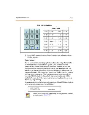 Page 162Page A  Introduction 3-15
3. Press HOLD to save the entry. A confirmation  tone is  heard  and the 
display updates.
Des crip ti on
The Co  Line Identification  Display feature allows  the entry  of a  name for 
each line (trunk) connected to the system.  Once entered into the 
dat aba se , LC D p hones , i nclu ding  t he A t te nda nt  st at ions , r ece iv e t he  
pr ogra mmed  l ine  nam e i n p la ce of  t he d efa ult  LI NE  XX X me ss age . T his  
app li es  t o al l  li ne  call  p roce ssi ng...