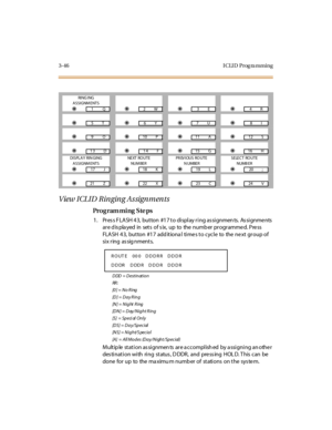 Page 1933-46 I CLI D  Prog ra mming
View ICLID Ringing Assignments
Pro g ram mi ng  S te ps
1 . Pr es s F LA SH 4 3,  but ton  #1 7 t o di spl ay r i ng as si gnmen ts.  As si gnme nts  
are displayed  in  sets  of six, up  to  the number programmed. Press 
FLASH  43,  button  #17 add itiona l  times to cycle  to  the next group of 
si x r ing  as sig nment s.
DDD = Destination
RR :
[0 ] = N o R i ng
[D ]  =  D a y  R i n g
[N ]  =  N i g ht   R i ng
[DN] = Day/Night Ring
[S]  = Speci al Only
[DS]  =  Da y/Sp...