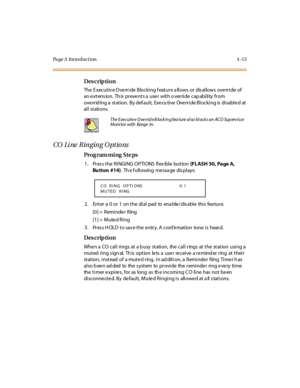 Page 236Page A  Introduction 4-13
Des crip ti on
The E xecutiv e Override  Blocking f eature a llows  or  dis allows  override  of 
an extension. This  prevents a user  with override capability from 
overriding a station. By default, Executive Override Blocking is disabled at 
al l st ati ons.
CO  Li ne  Ringing O ptio ns
Pro g ram mi ng  S te ps
1 . Pr es s t he  R I NGI NG O P TI ONS  fl ex ibl e  but ton (FLASH  50, Page A, 
Bu tton  #14).  Th e f oll owing  me ssa ge  dis pl ays:
2. Enter a 0 or 1 on the...