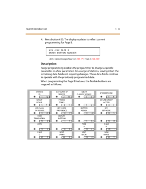 Page 240Page B Introduction 4-17
4 . Pr es s b utt on # 2 0.  The  di spl ay  updat e s t o r efl ec t cur r ent  
p rogr ammi ng for Pa ge B.
XX X  =  S ta t i o n  R a ng e   (T ri a d  1 / 2=100 - 171, T riad  3=100-351)
Des crip ti on
Range programming enables the programmer  to  change a  specific 
parameter or a few  parameters for a range of stations, leaving  intact the 
remaining data fields  not  requiring changes. Those data fields  continue 
to  operate with  the previously programmed data. 
Whe n pr...