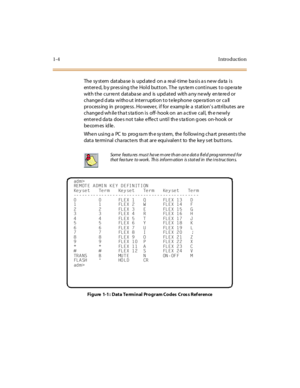 Page 251-4I ntr o ducti o n
The  sy st em  dat aba se  is  upd ate d  on a  re al -t ime  ba si s a s ne w da ta  i s 
entered, by pressing the Hold button. The system continues to operate 
with the current  database and is updated  with any newly entered or 
c hange d d ata  wi tho u t  int er r u pti o n t o  t e le pho ne  o pe ra ti o n o r  c a ll  
pr ocess ing  in  pr ogre ss . Ho weve r,  i f for  e xamp le  a  st at ion’s a tt ri but es  ar e 
changed wh ile tha t s ta tion is  off- hook on  an a ctive...