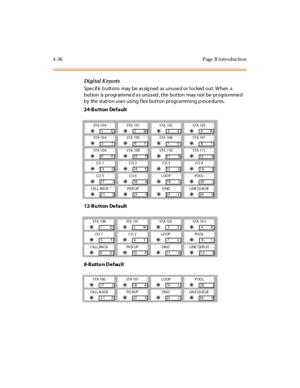 Page 2594-36 Page  B I ntro ductio n
Di gi t al  K eys et s
Specif ic b uttons  may  be as sig ned  as  unused or locked  out. W hen  a 
but ton is  pr ogr amme d a s unus ed , t he but ton may not be  pr ogra mme d 
by  the station user using flex button programming procedures.
24-Bu tton Default
:
12-Bu tton Default
8-Butto n Defau lt
STA 10 0STA 101STA 102STA 103
=1Q=2W=3E=4R
STA 10 4STA 105STA 106STA 107
=5T=6Y=7U=8I
STA 10 8STA 109STA 110STA 111
=9O=10 P=11 A=12 S
CO 1CO 2CO 3CO 4
=13 D=14 F=15 G=16 H
CO...