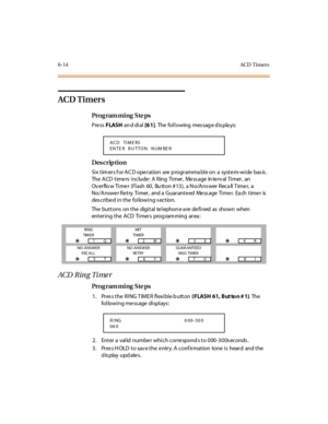 Page 2936-14AC D  Timers
ACD Timers
Pro g ram mi ng  S te ps
Pre ss FLASH an d di al  [6 1]. The following message displays:
Des crip ti on
Six tim ers f or AC D operation  are p rogramma ble on  a  system-wide  bas is . 
The ACD timers include: A Ring Timer, Message Interval Timer, an 
Ov er flo w Ti me r  (Fl ash  60 ,  Bu tt on # 13 ),  a N o/A ns wer  Reca ll  T ime r,  a
No/A nswe r Re t ry  Ti mer ,  and a  Guar ant e ed  Me ss age  Ti me r.  Ea ch  t ime r  is  
described in the  following section.
The...