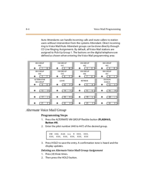 Page 3218-4 Voice M ail Prog ra mming
Au to Attenda nts  can handle incom ing calls and route calle rs  to station  
users without intervention from  the systems Attendant.  Direct incoming 
ring to V oice  Mail/Auto  Attend ant groups  can b e d one  directly throug h 
CO Line Ringing Assignments. By default, all Voice Mail stations are 
ass ign ed  to  Pi ck-U p Gr oup 1 .  The  but t ons  on t he  digi t al  te l ephon e a re  
def ine d a s s hown wh en e ntering  the V oice  Mail  prog ram ming  area :
:...