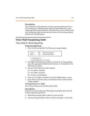 Page 324Voice Mail Outpulsing  Table 8-7
Des crip ti on
Up to twe nty -four (24) e xte nsion num bers  may  be  prog ram med  in to  a 
voi ce m ail  gr oup.  A fl exi bl e  but ton  may  be  pr ogra mmed  wi th  a v oice  
mai l gr oup p il ot nu mber  (4 40 -4 4 7).  Thi s but t on th en act s a s a D SS f or t hat  
voi ce m ail  gr oup  when  pr es sed  and  al so s er ve s a s t he  me ssa ge  wait i ng 
indication for that VM  group.
Voice Mail Outpulsing Table
Voice Mail In-Band Signaling
Pro g ram mi ng...