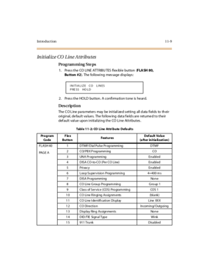 Page 378Introduction 11-9
In iti al iz e CO  Lin e A ttr ibu tes
Pro g ram mi ng  S te ps
1 . Pr es s t he  CO  LI NE  ATT R IBU TES  fl ex ibl e  but ton   (FLA SH 80, 
Bu tton #2). The following message displays:
2. Press the HOLD  button. A confirmation tone is heard.
Des crip ti on
The CO Line parameters  may  be  initialized setting  all data fields  to  their 
original, default values.  The following  data fields are returned to their 
default value upon initializing the CO Line Attributes.
INITIA LIZE...