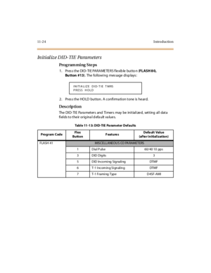 Page 39311- 2 4 I ntr o ducti o n
In it i al iz e D I D- TI E  Pa ra m et er s
Pro g ram mi ng  S te ps
1 . Pr es s t he  DI D- TI E PA RA ME TE RS f le xib le  but to n (FLASH 8 0, 
Bu tton #13). The following message displays:
2. Press the HOLD  button. A confirmation tone is heard.
Des crip ti on
The DID-TIE Parameters and Timers may be initialized, setting all data 
fields to their original default values.
INITIA LIZE DID-T IE T MRS
PRESS HOLD
Table 11-13: DID-TIE  Pa rameter Def aults
Program CodeFl ex...