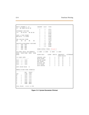 Page 40312-6 Data base Prin ting
MUSIC CHANNEL[3..8] CABINET SLOT TYPE
CO - ## #### ## ## ## ------- ---- ----
0 0 DT24
ATTENDANT STATIONS 0 1 DTIB
100 ## ## ## ## ## ## 0 2 DTIB
0 3 NONE
DATE & TIME FORMAT 0 4 SLIB
MM/DD/YY, 12 HOURS 0 5 NONE
0 6 LCOB
PBX DIALING CODES 0 7 PRIB
## ## ## ## ## 0 8 LCOB
09MPB
EXECUTIVE/SECRETARY PAIRINGS 1 0-9 NONE
1 = ### ### 2 0-5 NONE
2 = ### ### 3 0-5 NONE
3 = ### ###
4 = ### ### POWER SUPPLY TYPES (Triad 3)
----------------------------
ON BOARD RELAY ASSIGNMENTS 10 AMPS 10...