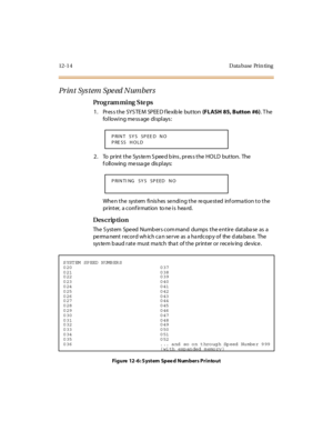 Page 41112- 1 4 D ata base Pr i n ti ng
Pr in t Sys tem Spe ed N umber s
Pro g ram mi ng  S te ps
1 . Pr es s t he  SYS TE M  SP EE D f le xib le  but ton  (FLASH  85, Button  #6). T he 
following message displays:
2. To  print the System Speed bins, press the HOLD  button.  The 
f oll owing  me ssa ge  dis pl ays:
When the  system finishes sending the requested  information to the 
printer,  a conf irmation  to ne is  hea rd.
Des crip ti on
The  S yst em  Spe ed  Numb er s c om mand  dumps  t he e nt ir e  dat...