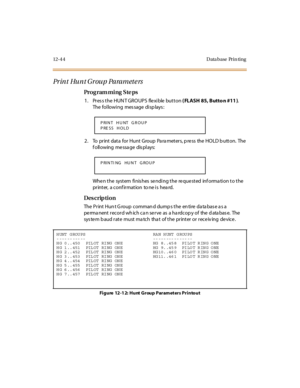 Page 44112- 4 4 D ata base Pr i n ti ng
Pr in t  Hu n t Gr ou p Pa ra m et e rs
Pro g ram mi ng  S te ps
1. Press the HUNT GROUPS  flexible button ( FLASH 85, Butto n #11 ). 
The following  message displays:
2. To print data for Hunt Group Parameters, press the HOLD button. The 
f oll owing  me ssa ge  dis pl ays:
When the  system finishes sending the requested  information to the 
printer,  a conf irmation  to ne is  hea rd.
Des crip ti on
The  Pr int Hun t G roup  comman d dump s the  en ti re  da ta bas e a s...