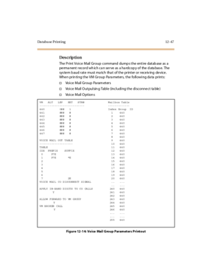 Page 444Da taba se Print ing 12 -47
Des crip ti on
The Print Voice  Mail Group  command dumps the  entire database as a 
permanent record which can serve  as  a hardcopy of  the database.  The 
system baud rate  must match  that  of the printer or receiving device. 
When printing the VM Group  Parameters, the  following data prints:
†Vo i c e  M a i l  G r o u p  Pa ra m e t e r s
†Voice  Mail Outpulsin g Table  (including the  disconne ct  ta ble )
†Vo i c e  M a i l  O p t i o n s
Figure 12-14: Voice Mail...