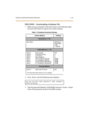 Page 46Da taba se Uploa d/Download Rout ine 1 -25
PRO COMM - - Down l oadi n g a Dat aba se Fi le
1 . M ake  ne ce ss ar y c ha nges  t o t he  are as  shown  in  th e f oll owing  t abl e, 
and save  i nfor mat ion to capt ure  ne w s yst em set t ing s:
2 . Pr es s < Ent e r>  and  t he f oll owin g scr ee n di sp lay s:
3. Type the password [default=3226VODAVI] and press . Proper 
entry of  the password results  in  the ADM> pr ompt .
Table 1-2: Database Download Settings
S yst em  Opti o ns S et ti ngs...