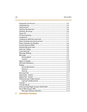 Page 11viiiM arch 200 1
Au toma ti c Li n e A cces s .. .. .. .. .. .. .. .. .. .. ... .. .. .. .. .. .. .. .. .. .. .. .. .. ... .. .. .. .. .. .. .. .. .. .. .. .. .. ... .. .. .. 3- 5
Cal l Bro keri n g .. .. .. .. ... .. .. .. .. .. .. .. .. .. .. .. .. .. ... .. .. .. .. .. .. .. .. .. .. .. .. .. ... .. .. .. .. .. .. .. .. .. .. .. .. .. ... .. .. .. 3- 6
Cal l Fo rw a rd . .. .. .. .. .. ... .. .. .. .. .. .. .. .. .. .. .. .. .. ... .. .. .. .. .. .. .. .. .. .. .. .. .. ... .. .. .. .. .. .. .. .. .....