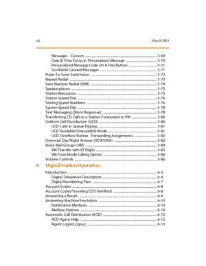 Page 15xiiM arch 200 1
Mes s a ges - Cus to m . .. .. .. .. .. .. .. .. .. ... .. .. .. .. .. .. .. .. .. .. .. .. .. ... .. .. .. .. .. .. .. .. .. .. .. .. .. ... .. .. .. 5- 69
Da te & Ti me En try on Pers on a li zed Mes s a ge .. .. .. .. .. .. .. .. .. .. .. .. .. .. ... .. .. .. 5- 70
Pers on a l iz ed M ess a g e Co de On A F l ex B utto n . .. .. .. .. .. .. .. .. .. .. .. .. ... .. .. .. 5- 71
Scro ll a b l e Ca n ned M es s ag es . ... .. .. .. .. .. .. .. .. .. .. .. .. .. ... .. .. .. .. .. .. .....