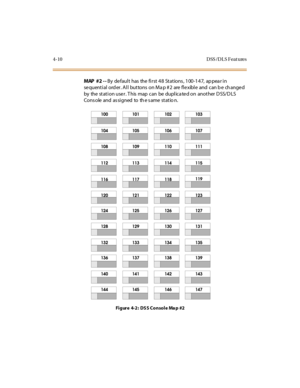 Page 1454-10 D SS /D L S Feat ures
MAP #2 - -By default has the first 48 Stations, 100-147, appear in
se quent i al ord er . A l l but tons on Ma p # 2 are fl e xibl e and can b e ch ange d
by the station user. This map can be duplicated on another DSS/DLS
Cons ole and as signed to th e s ame statio n.
Fi gure 4-2 : DS S Consol e Ma p #2 