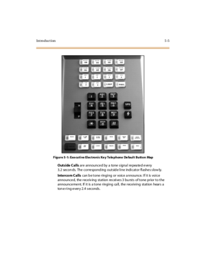 Page 154Introduction5-5
Figure 5-1: Executive Electronic Key Telephone Default Button Map
Outside Callsare announced by a tone signal repeated every
3. 2 secon ds. The corre spond ing outsid e line indicator flashe s s low ly.
Interco m Callscan b e tone ringing or voice a nnounce. If it is voice
announce d, the rece iv ing station re ceive s 3 bu rsts of tone prior to the
announce me nt. If it is a tone ringing ca ll, the rece iving station hears a
ton e ring e very 2.4 s econds .
ST A T I O N100ST A T I O...