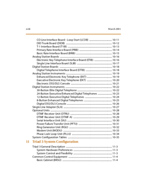 Page 21xviiiM arch 200 1
CO Li n e I n terfa ce Bo a rd - L oo p Sta rt ( LCO B) ... .. .. .. .. .. .. .. .. .. .. .. .. .. ... .. .. .. 10- 11
DI D Tru nk B o ard (DI DB) .. .. .. .. .. ... .. .. .. .. .. .. .. .. .. .. .. .. .. ... .. .. .. .. .. .. .. .. .. .. .. .. .. ... .. .. .. 10- 12
T-1 I n terfa ce Bo a rd (T1I B ) . .. .. .. ... .. .. .. .. .. .. .. .. .. .. .. .. .. ... .. .. .. .. .. .. .. .. .. .. .. .. .. ... .. .. .. 10- 13
Pri ma ry Ra te In terfa c e B oa rd ( PRI B ) . .. .. .. .. .. .. .. .....
