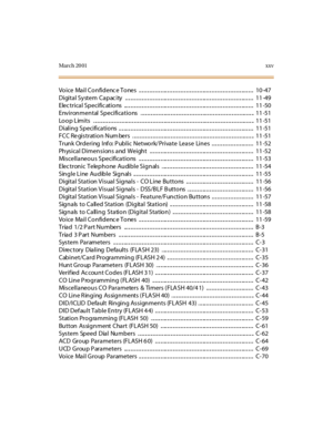 Page 29Mar ch 20 01xxv
Vo i ce Ma i l Co n fi d enc e To nes .. .. .. .. .. .. .. .. .. ... .. .. .. .. .. .. .. .. .. .. .. .. .. ... .. .. .. .. .. .. .. .. .. .. .. .. .. ... .. .. .. 10 -47
Di gi ta l Sy stem Ca p ac i ty .. .. .. .. .. .. .. .. .. .. .. .. .. .. ... .. .. .. .. .. .. .. .. .. .. .. .. .. ... .. .. .. .. .. .. .. .. .. .. .. .. .. ... .. .. .. 11 -49
Elec tri ca l Sp eci fi c ati o ns ... .. .. .. .. .. .. .. .. .. .. .. .. .. ... .. .. .. .. .. .. .. .. .. .. .. .. .. ... .. .. .. .. .. .....