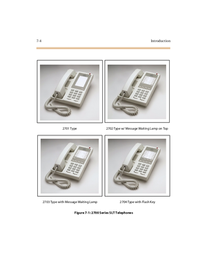 Page 3357-4Introduction
2701 Type 2702 Type w/ Message Wait in g Lamp on Top
27 03 Type wi th Messag e Wait in g Lamp 2 704 Type wi th Fl ash K ey
Figure 7-1: 2700 Series SLT Telephones 