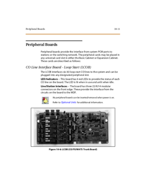 Page 400Pe rip hera l Bo ards 10-11
Pe ri p h e r a l B o ar ds
Peripheral boards provide the interface from system PCM ports to
stations or the switching ne twork. T he p erip heral cards may be placed in
any univ er sal ca rd sl ot in ei the r th e Ba si c Cab ine t or Exp ansi on C abi net .
The se car ds ar e d escr i bed as fol lows :
CO Line Interface Board - Loop Start (LCOB)
The LC OB int er fac e s six (6 ) l oop s ta rt C O l i nes to th e s yst em and c an b e
plugged into any d es igna te d p eriph...