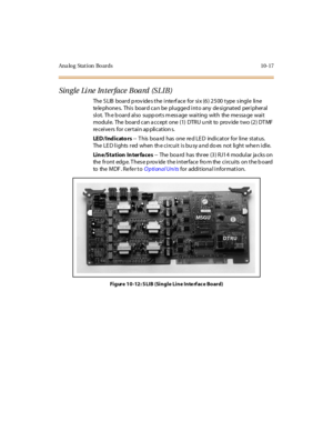 Page 406Ana lo g Stat ion Bo ards 10-17
Sin gle Li ne In t er face Board (S LIB)
TheSLIBboardprovidestheinterfaceforsix(6)2500typesingleline
te le phone s. This board ca n be plugge d into any de signated peripheral
slot. The board also supports message waiting with the message wait
modul e. The boar d can a ccept one (1) DTRU u nit to prov ide t wo (2 ) DT MF
receivers for certain ap plication s.
LE D / Ind i c at o rs-- T his boa rd has one re d LE D indi cat or for li ne st at us.
The LED lights red when the...