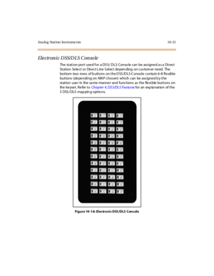 Page 410Ana lo g Stat ion Ins trume nts 10-21
Ele ctr on i c D SS/ D LS C on so le
The station port used for a DSS/ DLS Conso le can be assigned as a Direct
St at ion Se le c t or Dir e c t L ine S el ec t de pen ding on c us tom er ne ed. The
bottom two rows of b uttons on the D SS /D LS C onsole conta in 6-8 flexible
buttons (de pe nding on MAP chos en) which can be ass igne d b y the
station use r in the sa me manne r and functions as the fle xible buttons on
the ke yse t . R e fer t oChapter 4, DS S/DLS...