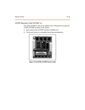 Page 418Opt ion al Un it s 10-29
DT M F R ece iver Uni t (D T MF- A )
The option al DTMF -A unit can be adde d to the T 1IB boa rd to increas e the
numbe r of D TMF re ceivers in the s ystem.
†Each unit h as four (4) DTMF receivers installed on it.
†This b oard mounts as a d aughter boa rd ty pe arran geme nt.
Figure 10-24: DTMF-A (DTMF Receiver Unit) 