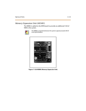 Page 482Opt ion al Un it s 11-45
Me mo r y Expa n si on U ni t (M E MU )
The MEMU is add ed to the MPB boa rd to pr ovi de an a ddi ti onal 5 12 K of
RAM to the sy st em.
Figure 11-28: MEMU (Memory Expansion Unit)
The MEMU is required whenever the systemcapacity exceeds 48 CO
Lines by 96 Stations. 