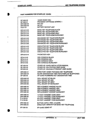 Page 106STARPLUS 1224EX KEY TELEPHONE SYSTEM 
l 
- 
FART NUMBERS FOR STARPLUS 1224u< I* 
sP1200-00 
SP1220-01 
SP61630-00 
SP61632-00 
VC61101 
sP61610-00 
SP6161 O-44 
SP6161 O-54 
sP61610-60 
SP61612-00 
SP61612-44 
SP61612-54 
SP61612-60 
SP61614-00 
SP61614-44 
SP61614-54 
SP61614-60 
SP6161644 
SP241 O-00 
SP241 O-44 
SP241 O-54 
SP241 O-60 
SP1250-00 
SP1252-00 
SP2453-00 
SP61664-01 
SP61664-00 
SP1260-00 
SP61640-00 
SP61640-44 
SP61640-54 
SP61640-60 
sP61660-00 
SP61660-44 
SP61660-54 
SP61660-60...