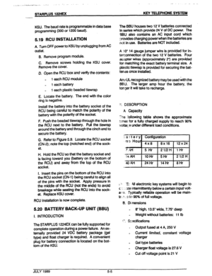 Page 391 . 
.., ,:,., :,L.>c,, ., i.. , . . . ._ __,. ,__il 
.-‘.. -.._ ia. 
STARPLUS 1224EX KEY TELEPHONE SYSTEM 
KSU. The baud rate is programmable in data base 
programming (300 or 1266 baud). 
5.1 
g RCU INSTALLATION 
A. Turn OFF power to KSU by unplugging from AC 
outlet. 
B. Remove program 
mdUk. 
C. Remove screws holding the KSU cover. 
Remove the cover. 
0. Open the RCU box and verify the contents: 
_ 1 each RCU module 
- 1 each battery 
_ 1 each plastic beaded tiewrap 
E. Locate the battery. The end...