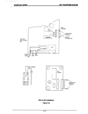 Page 51.__L,\..__.( __,, .,._ -*_.A ,._. .__I.. .I . 
STARPLUS 1224EX KEY TELEPHONE SYSTEM 
1224 KSU 
WITH COVER 
OFF SIU 
SOCKET 
MOUNTING 
SCREWS 
RS232C 
CONNECTOR 
0 ,  7 
/ 
-.- 
G : 
0 n 
0 
SIU 
BOARD 
0 
R 
S 
2 
II 
m 
3 
: MOUNTING 
SCREWS 
/ 
RCU & SIU Installation 
Figure 
5.8  