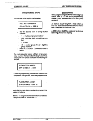 Page 59.,, ..C. ._._: L ,.‘.a-*. -L 
STARPLUS 1224EX KEY TELEPHONE SYSlEM 
PROGRAMMING STEPS 
You will see a display like the following: DESCRIPTION 
When programming a button as a poolecJ group 
button, refer to CO line group programmjng. 
Pooled group numbers match CO line group 
numbers 
All stations should be given a loop button so 
they can receive a transferred call on a line for 
which they have no button access. 
. D&l the desired code to assign button A DSS button MUST be assigned to stations...