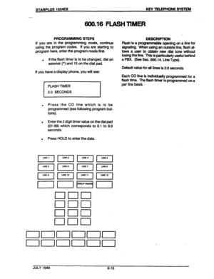 Page 66. 
I 
/ - 
STARPLUS 1224E.x KEY TELEPHONE SYSTEM 
600.16 FLASH TIMER 
PROGRAMMING STEPS 
lf you are in the programming mode, continue 
using the program codes. if you are starting to 
program here, enter the program mode first. 
. If the flash timer is to be changed, dial an 
asterisk (*) and 15 on the dial pad. 
If you have a display phone, you will see: 
FLASH TIMER 
2.0 SECONDS 
. Press the CO line which is to be 
programmed (see following program but- 
tons). 
. Enter the 2 digit timer value on the...