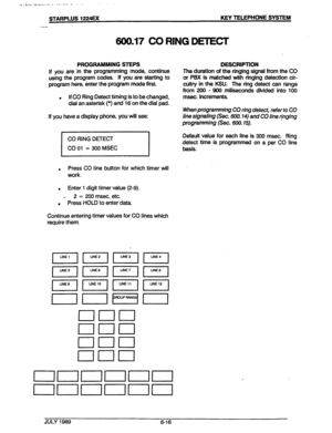 Page 67.c.3-‘tl~.r.~...‘J.,.~.,-‘- . . . . . .‘..1 - . . 
STARPLUS 1224EX KEY TELEPHONE SYSTEM 
^-- 
600.17 CO RING DETECT 
PROGRAMMING STEPS 
If you are in the programming mode, continue 
using the program codes. if you are starting to 
program here, enter the program mode first. 
. If CO Ring Detect timing is to be changed, 
dial an asterisk (*) and 16 on the d&i pad. DESCRIPTION 
The duration of the ringing signal from the CO 
or PBX is matched with ringing detection cir- 
cuftry in the KSU. The ring detect...