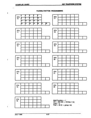 Page 88STARPLUS 1224EX KEY TELEPHONE SYSTEM 
. 
s, 
. 
! , 
. 
- 
STA ’ 
11 
I 
I 
STA 
12 
I 
I 
STA 
13 
I 
I 
I 
STA . 
14 
I. 
I 
STA 
15 
I 
I 
STA 
16 
I I 
L 
STA 
19  FLEXIBLE BUlTON PROGRAMMING 
Multi Function = 1 
JULY 1989 6-37  