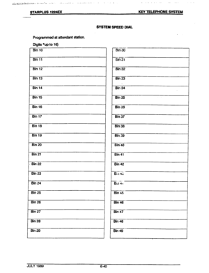 Page 91Bin 23 
Bin 24 
Bin 25 
Bin 26 I 
I 
Bin 27 
Bin 28 
Bin 29 SYSTEM SPEED DIAL 
Programmed at attendant station. 
Digits *up to 16) 
Bin 10 
Bin 11 
Bin 12 
Bin 13 
Bin 14 
Bin 15 
Bin 16 
Bin 17 
Bin 18 
Bin 19 
Bin 20 
Bin 21 
Bin 22 
piBin 
-- 
Eiin 31 
Bin 32 
Bin 33 
Bin 34 
Bin 35 
-Bin 36 
Bin 37 
Bin 38 
Bin 39 
Bin 40 
Bin 
41 
Bin 42 
-_- 
Bi.1 G 
-.. .-. 
Blil J- 
---- 
Bin 45 
Bin 46 
Bin 47 
-- 
Bin 48 
-- 
Bin 49 
3 
JULY 1989  