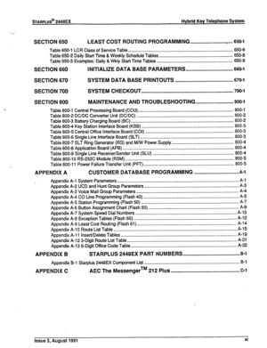 Page 12sTARPLUS@ 2448EX Hybrid Key Telephone System 
SECTION 650 LEAST COST ROUTlNG PROGRAMMING ............................ 
..= .... 650-l 
Table 650-l LCR Class of Service Table ....................................................................................... 650-6 
Table 650-2 Daily Start Time & Weekly Schedule Tables ............................................................. 650-8 
Table 650-3 Examples: Daily & Wkly Start Time Tables ..................................................................