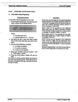 Page 132vy-H#i%melephone System sTARPLUS@ 2446EX 
610.37 VOICE MAIL OUTPULSING TABLE 
A. Voice Mail In-Band Signaling: 
Programming Steps 
If Voice Mail In-Band signalling is to be used: 
1. Press FLASH and dial [371. The following mes- 
sage is shown on the display phone. 
2. 
3. 
4. 
5. Where: 
y = the table index (O-7) 
x = entered digits (O-9, #, 
l , Pauses) 
Dial [O]-[7l for the y value (the table number 
entry of the voice mail entry you want to pro- 
gram). 
Dial one of the following, if required: 
0 =...