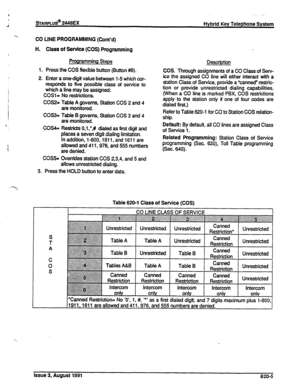 Page 138i 
t 
A sTARPLUS@ 
2448EX 
Hybrid Key Telephone System 
CO LINE PROGRAMMING (Cont’d) 
H. Class of Service (COS) Programming 
1. 
2. Programming Steps 
Press the COS flexible button (Button #8). 
Enter a one-digit value between 1-5 which cor- 
responds to five possible class of service to 
which a line may be assigned: 
COSl = No restrictions. 
COS2= Table A governs, Station COS 2 and 4 
are monitored. 
COS3= Table B governs, Station COS 3 and 4 
are monitored. 
CO%= Restricts 0,l ,‘,# dialed as first...