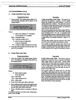 Page 163Hybrid Key Telephone System sTARPLUS@ 2446EX 
LCR PROGRAMMING (Cont’d) 
D. SDigit Area/Office Code Table 
Programming Steps 
1. Press 3-DIGIT TBL flexible button (Button # 1). 
The following message will be shown on the 
display phone: 
Where: 
L = [0] for non leading l(‘1” not dialed) 
[l] for leading l(‘1” is dialed) 
NNN = area/officecode 
RR = route list number 00-15 
6 = [0] do not go to 6 digit table 
[l] go to 6 digit table 
PP = number of digits expected to be dialed. 
2. Press the HOLD button to...