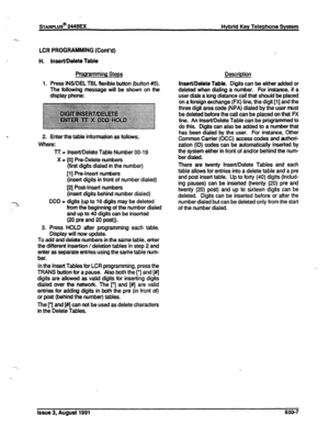 Page 166mARPLUS@ 2448EX Hybrid Key Telephone System 
 
LCR PROGRAMMING (Cont’d) 
H. 
1. Insert/Delete Table 
Programming Steps 
Press INS/DEL TDL flexible button (button #5). 
The following message will be shown on the 
display phone: 
-1 2. Enter the table information as follows; 
Where: 
lT = Insert/Delete Table Number 00-l 9 
X - [O] Pm-Delete numbers 
(first digits dialed in the number) 
[I ] Pm-Insert numbers 
(insert digits in front of number dialed) 
[2] Post-Insert numbers 
(insert digits behind number...